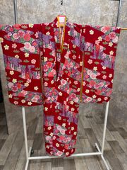 七五三 7歳 四つ身 着物のみ 赤地 菊 桜 鹿の子柄 - メルカリ