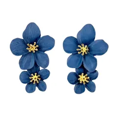 ブルー ビッグ フラワー ピアス 青 ロングピアス 花 金色 レディース レトロ