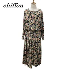 chiffon 長袖ワンピース 昭和レトロ 花柄 マルチカラー