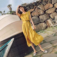 ワンピース  ノースリーブ レディース  シフォンロングワンピース イエロー