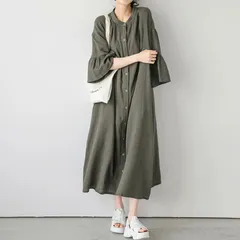 ロングスリーブワンピース  長袖シャツワンピース レディース  フレアスリーブ  ゆったり カジュアル 体型カバー カーキグリーン