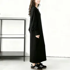 長袖ワンピース  レディース ワッフル生地 ゆったり 体型カバー 無地 ブラック