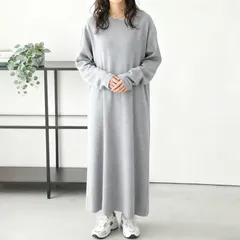 長袖ワンピース  レディース ワッフル生地 ゆったり 体型カバー 無地 ライトグレー