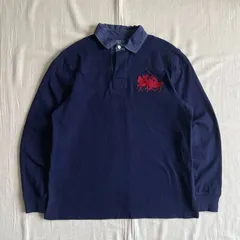 90s　vintage　Polo by Ralph Lauren　ポロバイラルフローレン　ラガーシャツ　長袖Tシャツ　ビッグダブルポニーロゴ刺繍　エルボー・ショルダーパッチ　紺　L　Y2K　C-BOY　グランジ　double pony rugger shirt