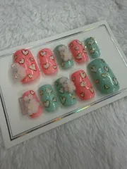 【ネイルチップ】くま　ハート パステルネイルチップ 10本セット  ゆめかわ 春ネイル