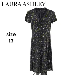 【美品】Laura Ashley ローラアシュレイ 半袖ロングワンピース サイズ13 LL相当 リボン 裏地あり 総柄 ドット レディース