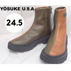 セール品【ヨースケ】1000093 本革 ショートブーツ レディース ブラウン×カーキ グリーン キャメルコンボ 24.5㎝ 260302W008