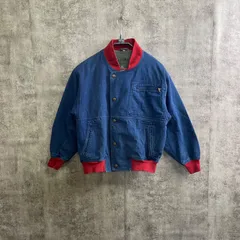 【Y-245】デニムジャケット Mサイズ ブルゾン 赤リブ切替 ノーカラー スタジャン風 ショート丈 カジュアル アメカジ 秋冬 配色デザイン 古着風 レディース