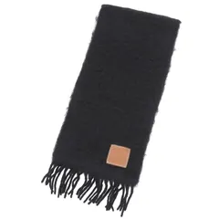 極美品▲LOEWE ロエベ モヘア ウール混 アナグラムレザーパッチ フリンジ付き ロング マフラー ブラック スペイン製 正規品 レディース