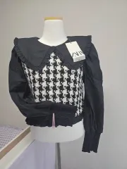 ZARA ザラ ハウンドトゥース（ハウンドトゥース） ブラウス ブラック 55サイズ