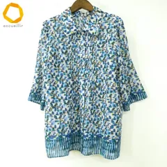 #a レリアン Leilian シャツ ブラウス 13+ 白 青系 マルチ 総柄 スクエア柄 七分袖 大きいサイズ 日本製 レディース [994336] k01