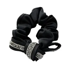 【ブラック×ワンサイズ】[Cream dot. クリームドット公式] ヘアアクセサリー レディース  シュシュ リボン サテン調 微光沢 ラインストーン しっかり留まる ヘアゴム ヘアアクセ ヘアアレンジ 簡単 シック デコラティブ パーティー 大人
