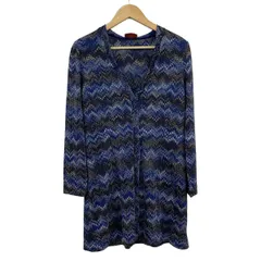 MISSONI(ミッソーニ) カーディガン サイズ46 L レディース - ブルー×黒×白 長袖/ラメ/ロング丈
