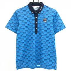 【美品】アンパスィ 半袖ポロシャツ ブルー×ネイビー ロゴ総柄 ボタンダウン  メンズ M ゴルフウェア and per se