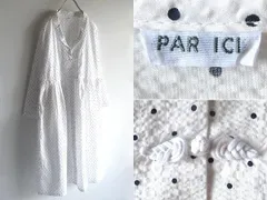 PAR ICI パーリッシィ コットン ポルカドット柄 シアサッカー ショールカラー チャイナボタン シャツワンピース F ホワイト ネイビー 白 紺