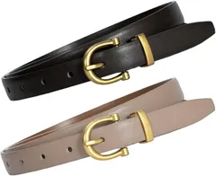 KASSAI 本革レディースベルト ゴールドバックル 全長約105cm幅1.8cm 日本国内検品 (2本セット(ブラック/モカベージュ))