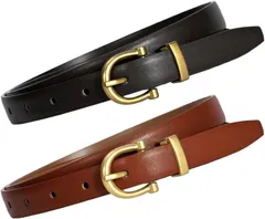 KASSAI 本革レディースベルト ゴールドバックル 全長約105cm幅1.8cm 日本国内検品 (2本セット(ブラック/ブラウン))