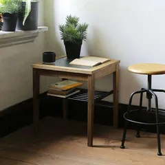 サイドテーブル オーク カフェテーブル アンティーク風 レトロ 正方形 モザイクガラス 木製 ヴィンテージ風 おしゃれ レトロモダン 棚付き 棚
