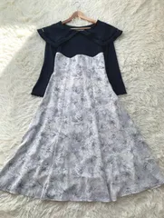 tocco closet 花柄ロングワンピース ネイビー×ブルー バイカラー 異素材 切替 フレア