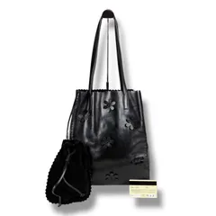 プラダ　PRADA 巾着ポーチ付き　トートバッグ　フラワー　ブラック　レザー　黒