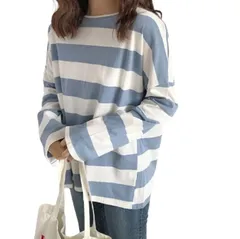 [3MDGHD] レディース ボーダー トップス Tシャツ シャツ 長袖 ロンT カットソー 大きめ 丈 長め かわいい ゆったり (JP, アルファベット, M, ブルー) [ブルー] [M]