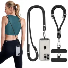 【新品】 [joremx] 2個 スマホ ストラップ 首掛けと手首 セット、2枚 繊維製ストラップホルダー 付き、肌に優しい/長さ調節可能/360°回転、iPhone/Android 全機種対応 落下防止・紛失防止・盗難防止 -ブラック 1