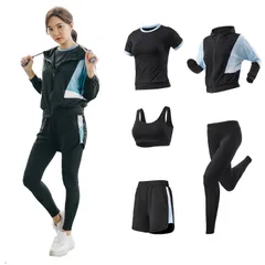 [DawnRain] スポーツウェア レディース ヨガウェア トレーニングウェア ランニングウェア 上下 5点セット 伸縮性 通気 吸汗速乾 フィットネス ジャージ スポーツブラ ロングタイツ パーカー 半袖 短パンツ 春夏秋冬