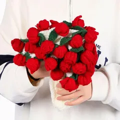 SALUDABLE 花束になるブランケット 完成品 フラワーブランケット ブーケ 編み物 贈り物 (赤い薔薇　60cn,  60cm)