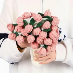 SALUDABLE 花束になるブランケット 完成品 フラワーブランケット ブーケ 編み物 贈り物 (ピンク 薔薇 60cm,  60cm)