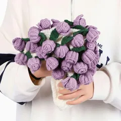 SALUDABLE 花束になるブランケット 完成品 フラワーブランケット ブーケ 編み物 贈り物 (パープル 薔薇 60cm,  60cm)