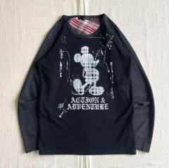 00s　archive　アーカイブ　Disney　ディズニー　チェック柄ミッキーマウス　ラインストーン装飾　英字ロゴ　両面プリント　スプラッシュ　ラグランスリーブTシャツ　ロンT　S～M　Y2K　グランジ　ギャル　mickey print raglan-T