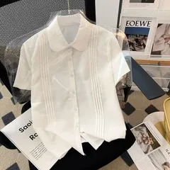 白色JK制服ブラウス 半袖 プリーツデザイン ベーシック 開襟 ショート丈 上品ガーリー