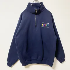 古着 used　HARVARD SQUARE 長袖ハーフジップロゴ刺繍スウェット　トレーナー　レトロデザイン　ネイビー　Lサイズ【値引き交渉OK！】