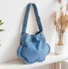 花モチーフ デニム バッグ スマホポーチ トートバッグ  ショルダー 斜め掛け（大サイズ）　bu１