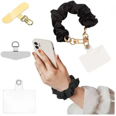 【新品】 [oioiso] スマホストラップ 手首 シュシュ ハンドストラップ おしゃれ かわいい スマホ落下防止 ストラップホルダー 韓国 レディース 女性 携帯ストラップ 手ぶら アタッチメント付き (01.黒（回転ゴールドＸ矢印Ｘクリアアタッチメント