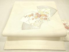 雨の日セール【美品 正絹 絽】涼しげな白の夏帯、桔梗や結び目の刺繍☆名古屋帯 夏得セール【美品 正絹 絽】涼しげな白の夏帯、桔梗や結び目の刺繍