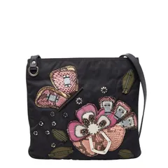 プラダ 三角ロゴプレート フラワー刺繍 斜め掛け ショルダーバッグ ブラック ナイロン パイソン レディース PRADA【1-0258356】