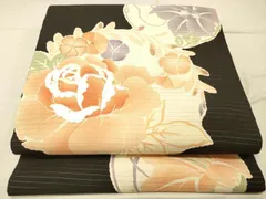 平和屋着物＊夏物　アンティーク　大正ロマン　両面　六通柄　京袋帯　引き抜き帯　絽縮緬　刺繍　流水花文　黒地　正絹　逸品　DABC8216cm