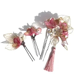 桜のかんざしセット【ピンク２色・白×ゴールドグラデ葉・ゴールドワイヤー】