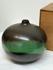 清水焼 陶器 花瓶 フラワーベース 扁平型 グリーン ブラウン - メルカリ