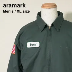 ヴィンテージ aramark（アラマーク）企業ユニフォーム ワークジャケット ネームパッチ「David」星条旗ワッペン キルティング裏地 チャコールグリーン XL