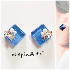（ 1095 ）カボション スクエア 蝶 レジン ピアス イヤリング