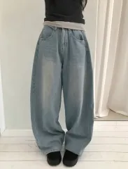 ミニポエ カバー ウォッシュ サイド ピンタック ワイド デニム パンツ ヴィンテージ ライトブルー