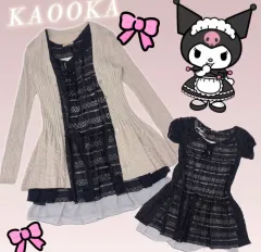 日本ヴィンテージ レイヤード クロミ ニットカーディガン レース ブラック ONE PIECE コーディネートセット