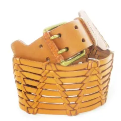 ラルフローレン RALPH LAUREN ベルト サッシュ 幅太 レザー 革 編み込み ウエストマーク ダブルピン バックルロゴ刻印 S 茶 ブラウン /CK20 ■GY18