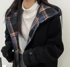 ロング フード CHECK ウールコート 未使用