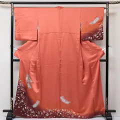 訪問着 袷 身丈166cm 裄丈66cm 正絹 Sランク XLサイズ 広衿 セミフォーマル 紋意匠 花柄 花喰鳥 ぼかし染 ピンク系 朱系 1212-04312