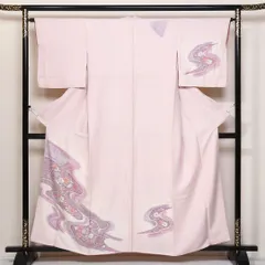 訪問着 袷 身丈157cm 裄丈63cm 正絹 辻が花風 Bランク Mサイズ 広衿 セミフォーマル 吉祥文様 流水 花柄 金彩 ピンク系 1212-04416