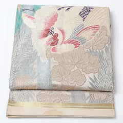 アンティーク 丸帯 帯丈408cm 全通 唐織 孔雀 竹 フォーマル クリーム系 正絹 Cランク 1223-00631