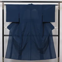 色無地（紬） 夏物 夏紬 身丈143cm 裄丈62cm 正絹 Cランク XSサイズ 広衿 インフォーマル 植物柄 青系 1214-05079